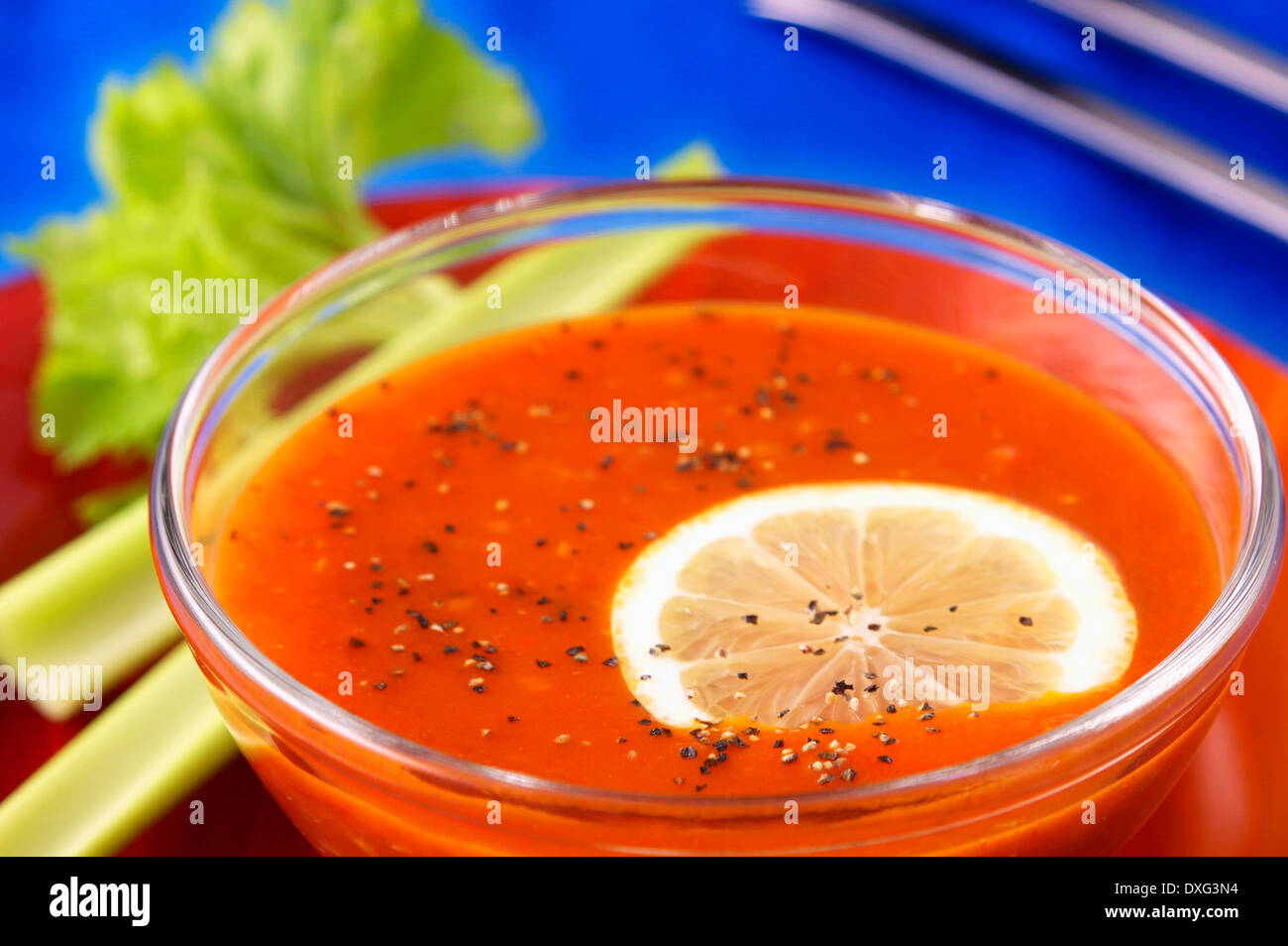 Bloody Mary In Glas mit Sellerie Stockfoto