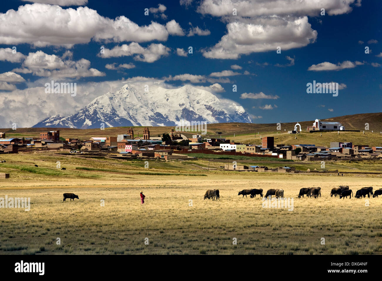 Illimani Berg (6100m) und Dorf (3800m) auf dem Altiplano in der Nähe von La Paz in Bolivien Stockfoto