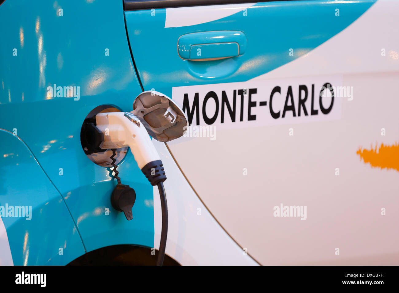 Stecker eines Elektroautos, Rallye Monte-Carlo des Energies Nouvelles in 2014, Fürstentum Monaco Stockfoto