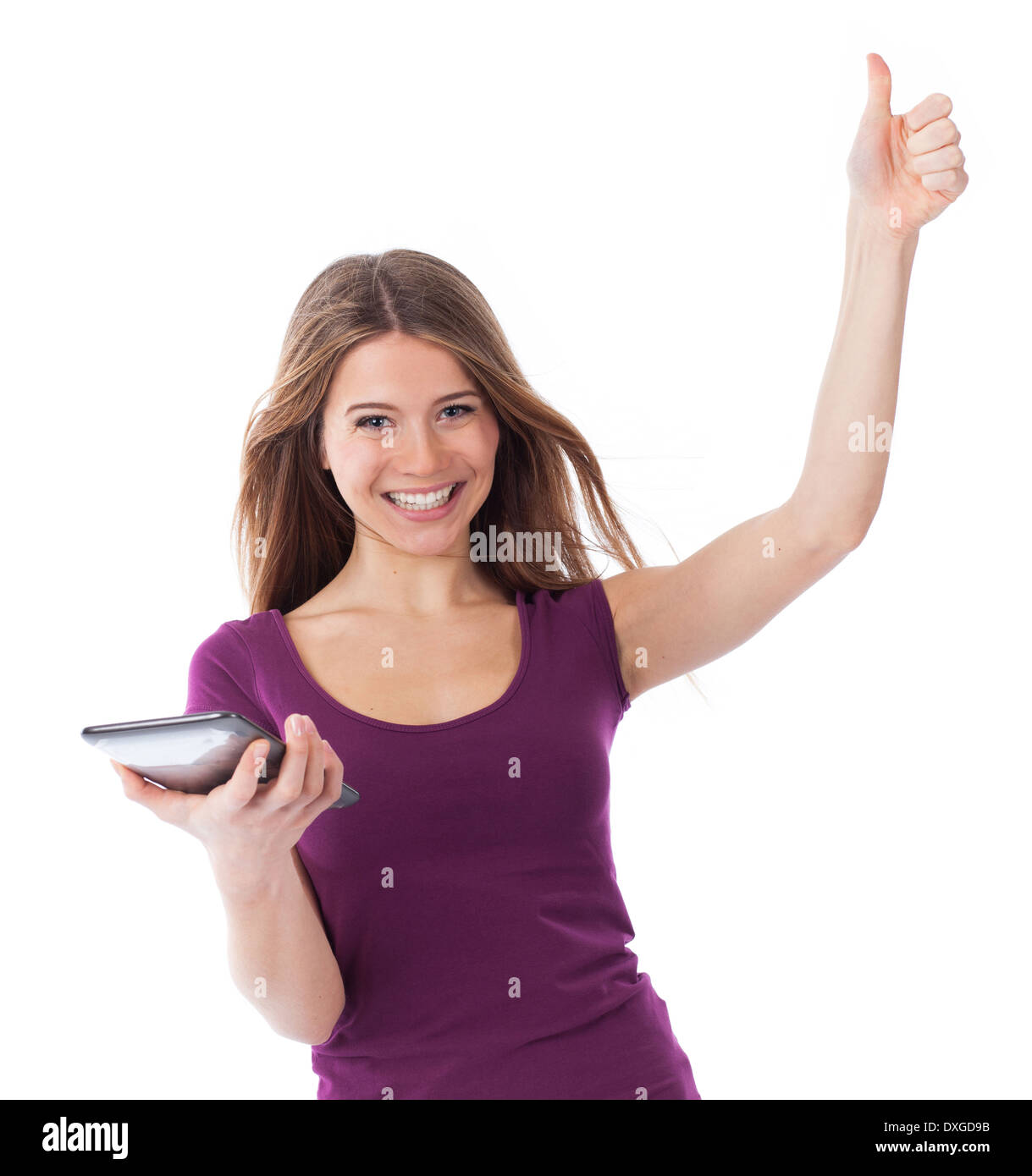 Fröhliche Frau mit elektronischen Tablet, Daumen, Kommunikations-und Erfolg Stockfoto