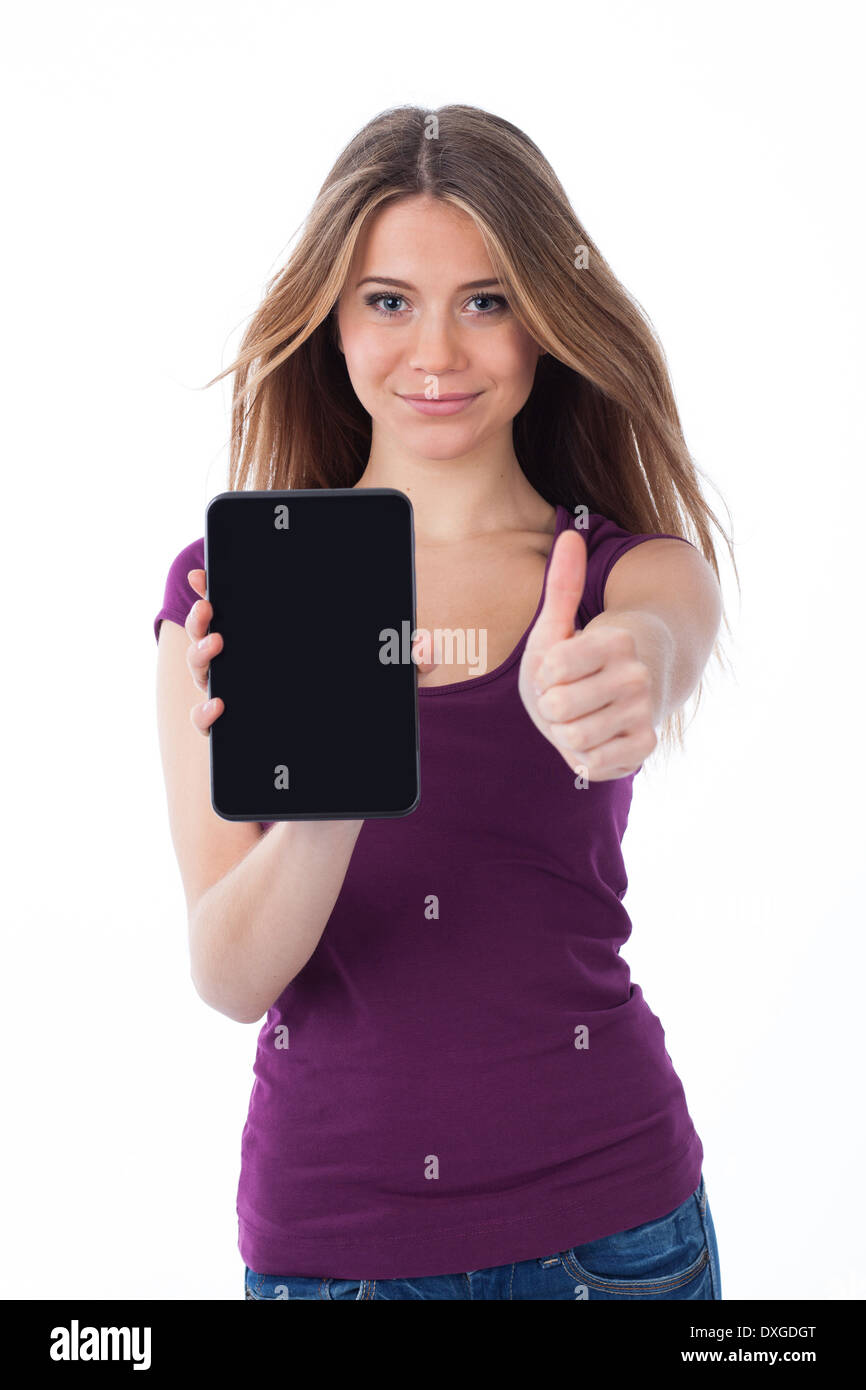 Nette Frau zeigt eine elektronische Tablet und haben eine positive Geste Stockfoto