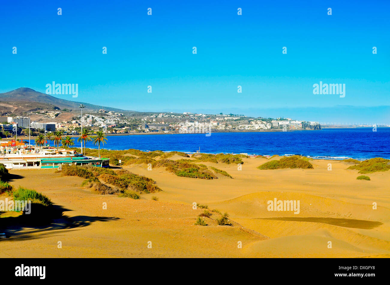 ein Blick auf Playa del Ingles in Maspalomas, Gran Canaria, Kanarische Inseln, Spanien Stockfoto