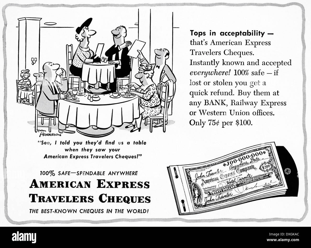 1950er Jahren Werbung für American Express Travelers Cheques Anzeige in amerikanischen Magazin ca. 1954 Stockfoto
