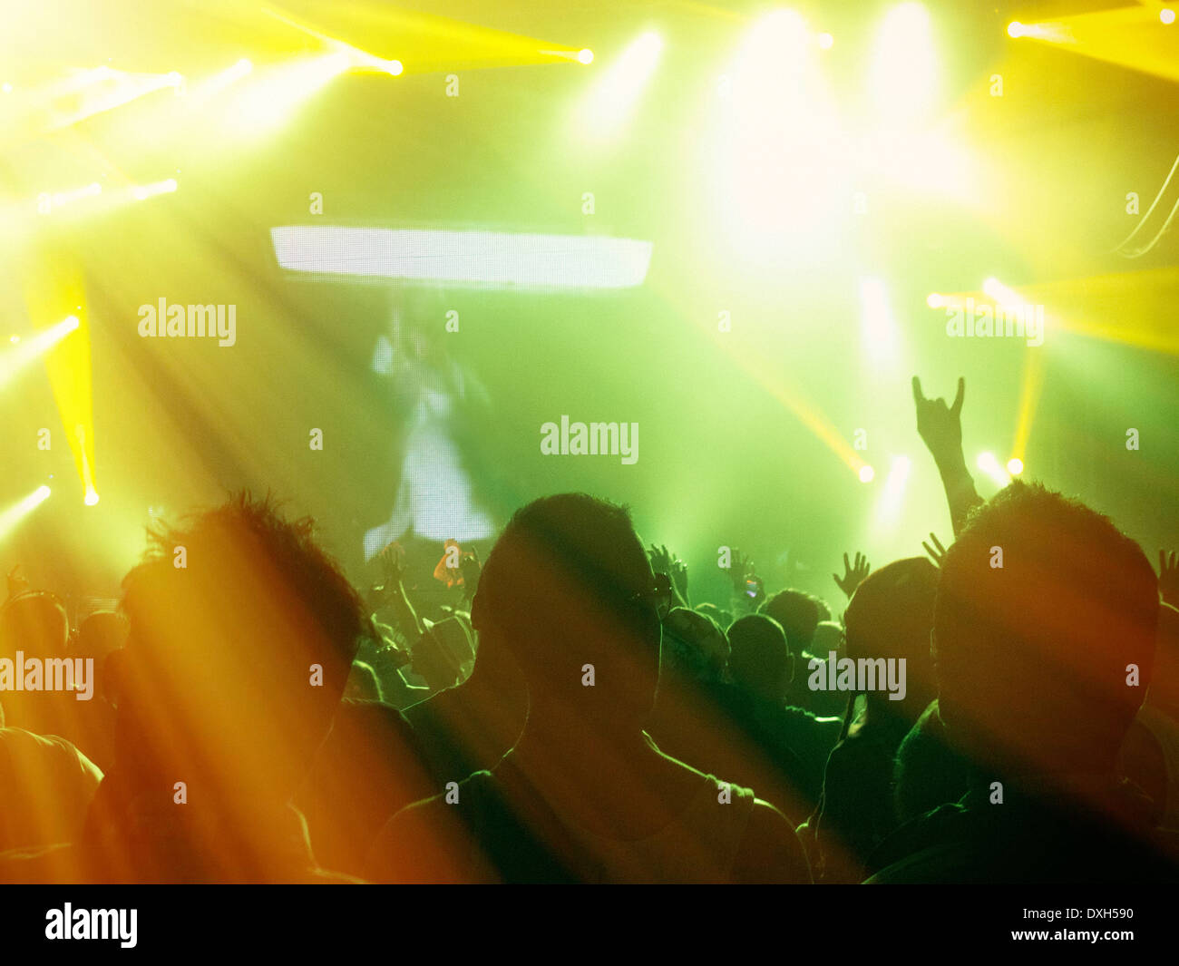 Silhouette Fans mit Blick auf beleuchtete Bühne Stockfoto