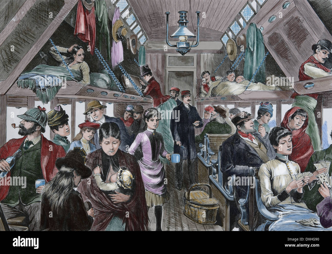 Alten Eisenbahnwaggon. Waggon mit Passagieren. des 19. Jahrhunderts. Gravur (spätere Färbung). Stockfoto