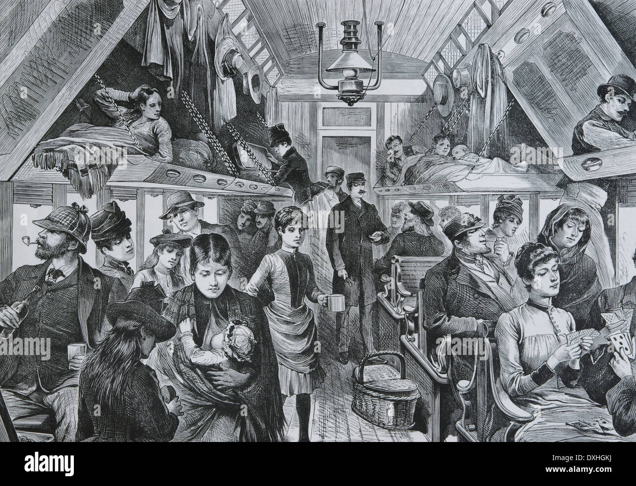 Alten Eisenbahnwaggon. Wagen mit Passagieren. des 19. Jahrhunderts. Gravur. Stockfoto