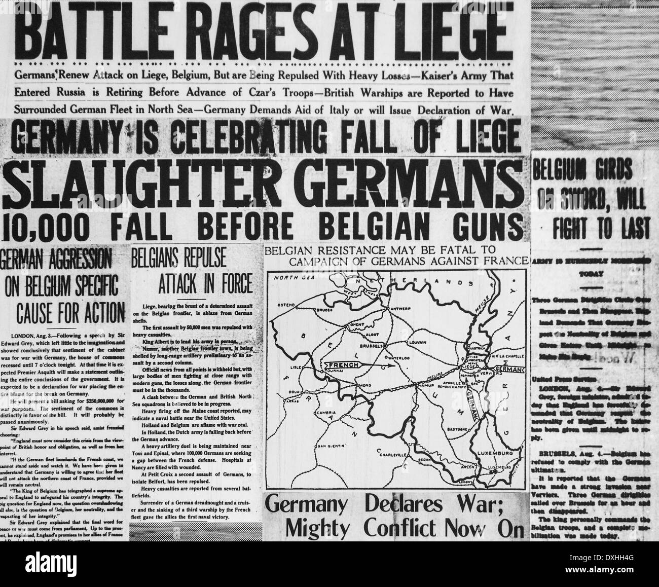 Britische WW1 Zeitungsartikel mit Propaganda in der englischen Zeitung, Berichterstattung über den ersten Weltkrieg eine Front in Belgien Stockfoto