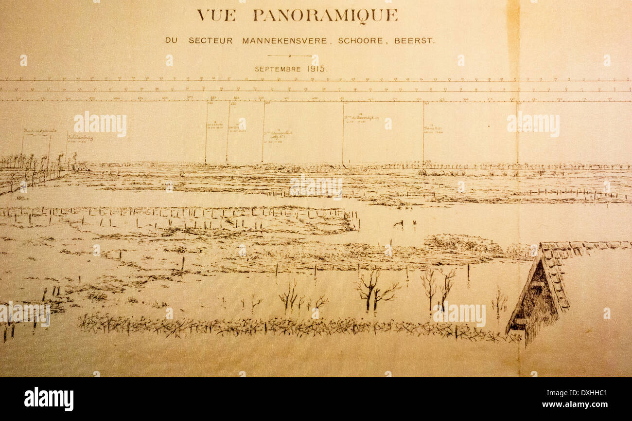 Detail der WW1 Panoramakarte zeigt September 1915 bei Mannekensvere, Schoore und Beerst frontline in West-Flandern, Belgien Stockfoto