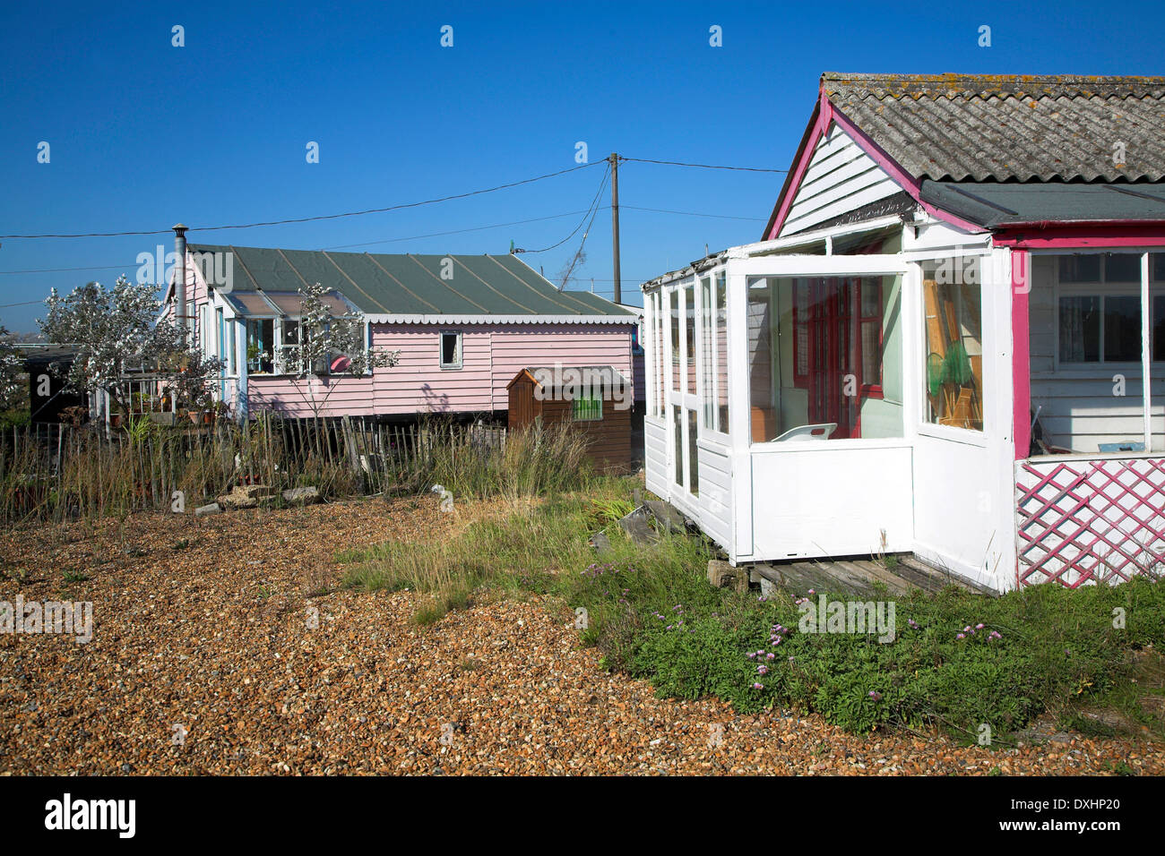 Strand Bungalow Chalets Fähre Felixstowe, Suffolk, England Stockfoto