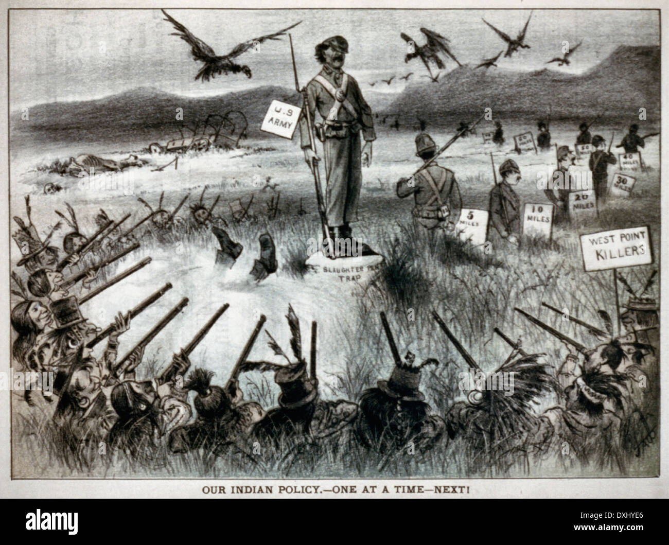 Unsere indische Politik - nacheinander - nächste! Karikatur zeigt Indianer "West Point Mörder" schießen auf US-Soldat auf Felsen "Schlachtung Stift Falle" steht. Andere Soldaten stationiert sind, auf Beiträge von 5 bis 80 Meilen, ca. 1879 Stockfoto