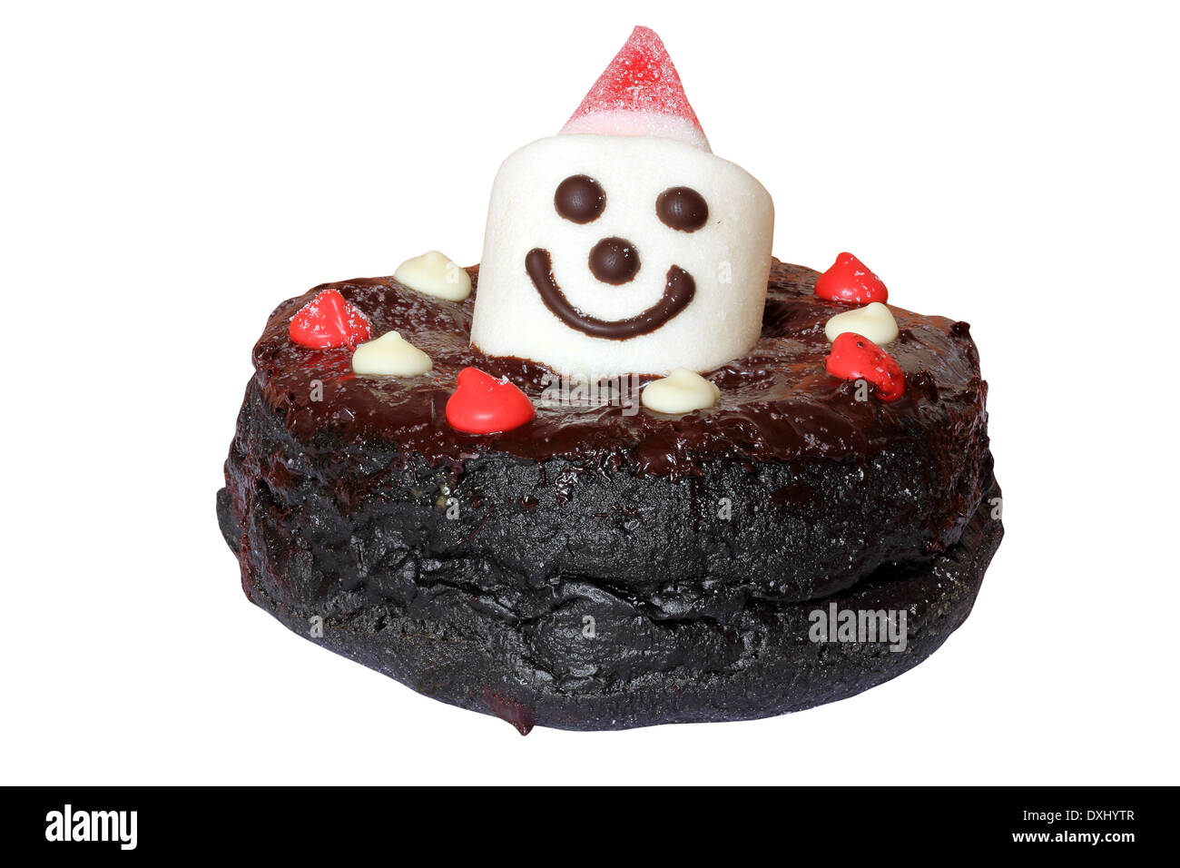 Schoko Donut mit Schneemann isoliert auf weißem Hintergrund Stockfoto