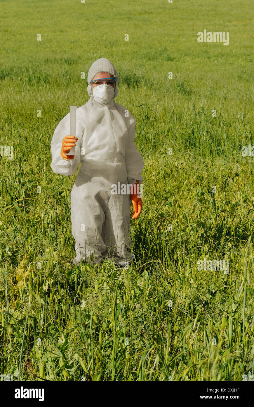 Frau im Blaumann stehen im Feld Halteröhrchen test Stockfoto