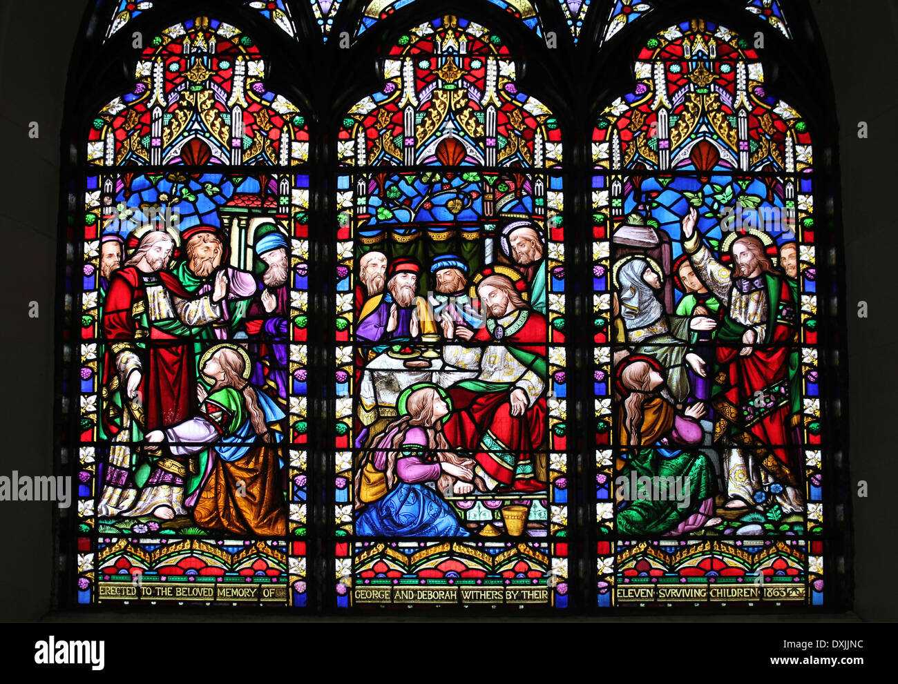 Memorial Fenster, George & Deborah verdorrt, 1863 in Str. Georges Kirche, Everton, Liverpool, UK Stockfoto