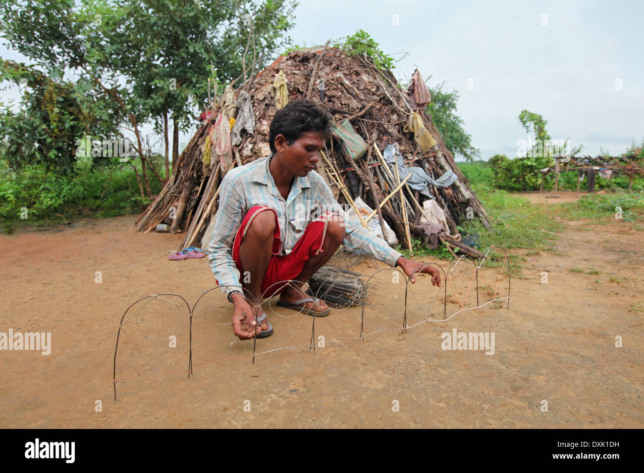 Ein Mann setzen die Falle, um Ratten zu fangen. Birhor Stamm. Keredari Dorf und Block, Bezirk Hazaribaug, Jharkhand, Indien Stockfoto