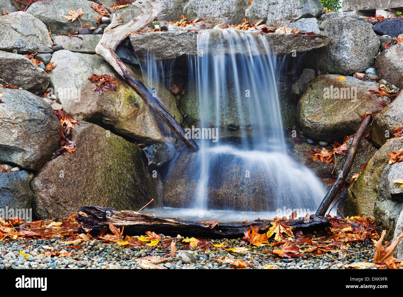 Herbstliches Laub rund um Wasserfall Stockfoto