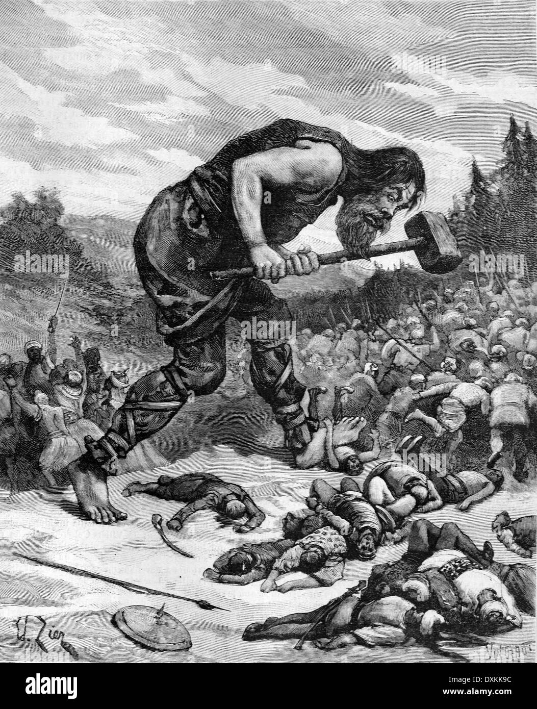 Mythologische Szene der Giant Killing Sarazenen Illustration 1897 Stockfoto