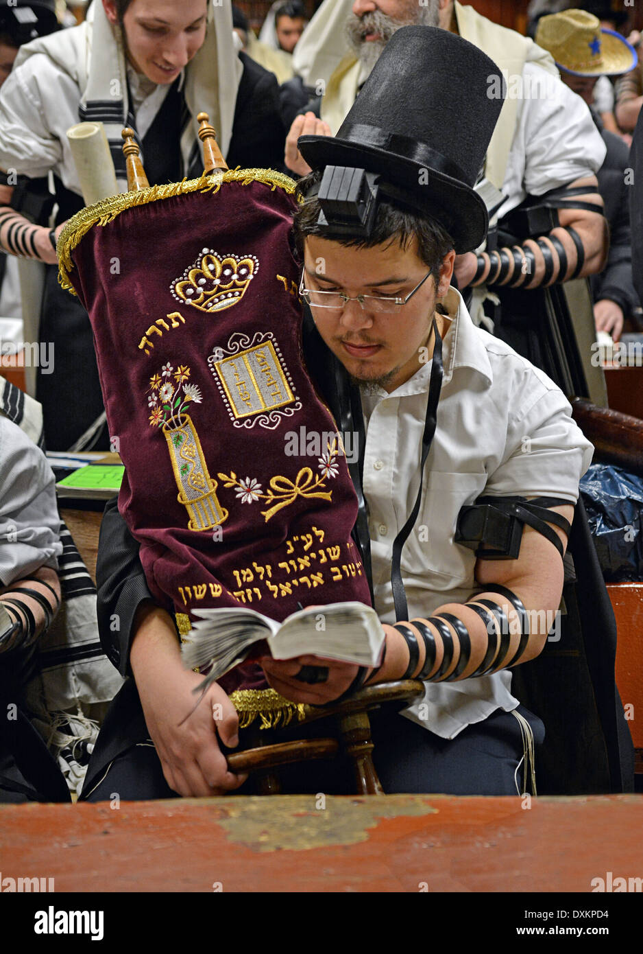Eine religiöse jüdische jungen Mann einen lustigen Hut trägt und hält die Thora am Morgengebet an Purim in Crown Heights, Brooklyn NY Stockfoto