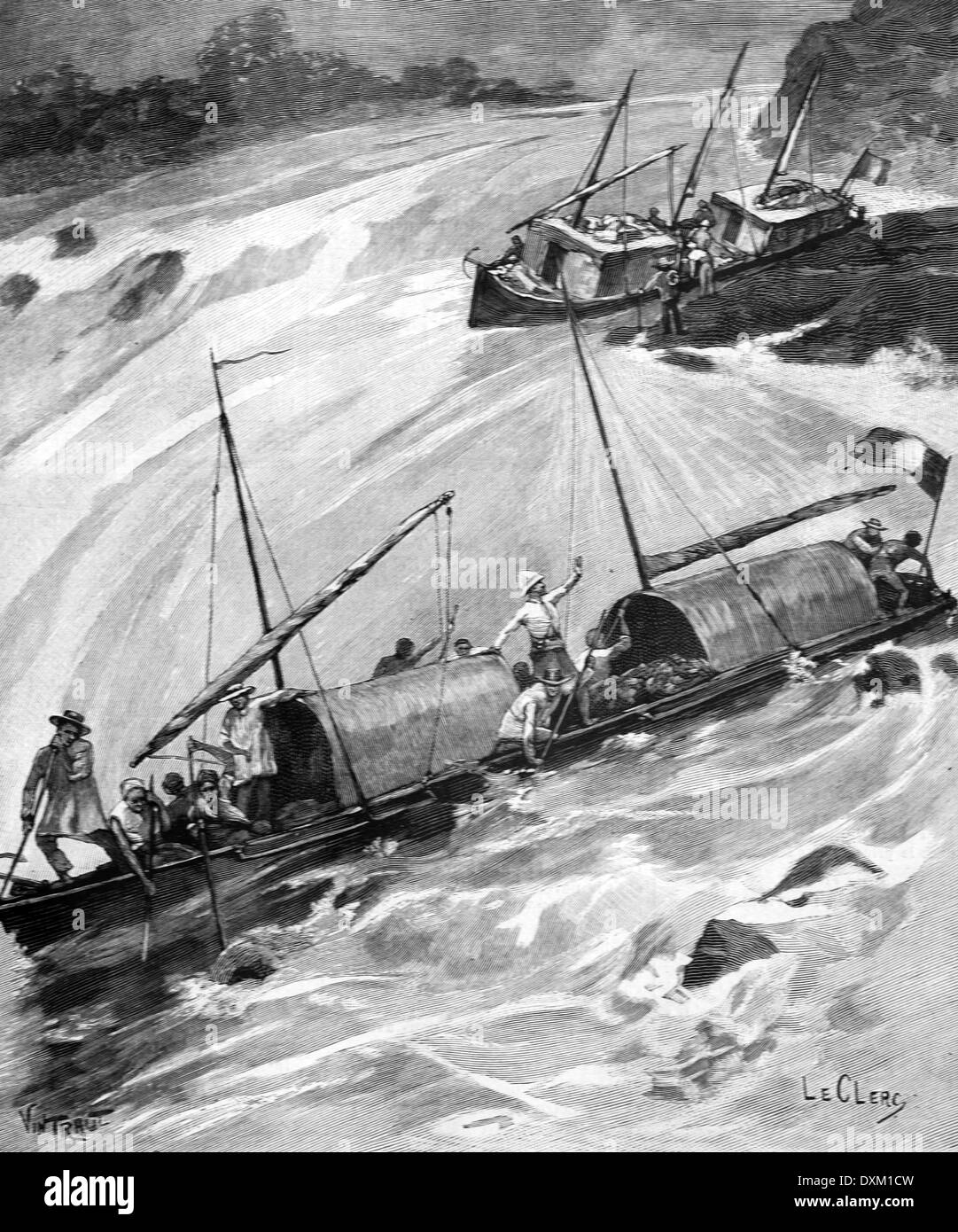 Französische Expedition navigiert Stromschnellen auf dem Fluss Niger Afrika c1890 Stockfoto