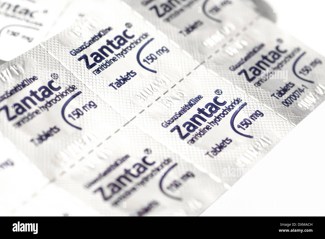 Zantac Ranitidine Hydrochloride Tabletten einen H2 Histamin-Blocker zur Behandlung von Geschwüren des Magens & Darm, Refluxkrankheit GERD Stockfoto