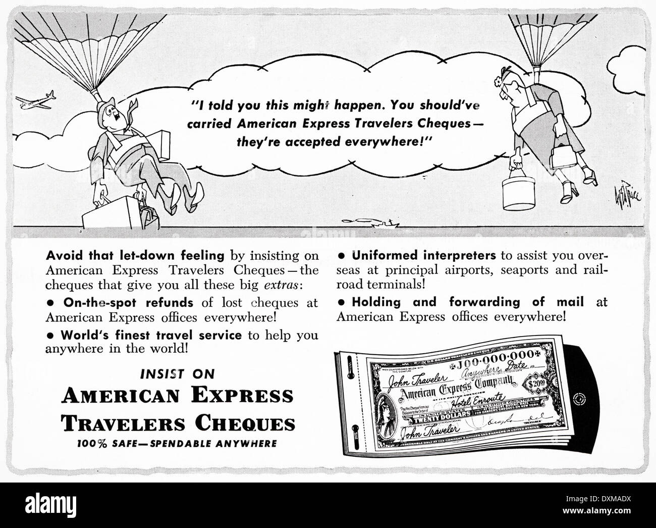 1950er Jahren Werbung für American Express Travelers Cheques Anzeige in amerikanischen Magazin ca. 1954 Stockfoto