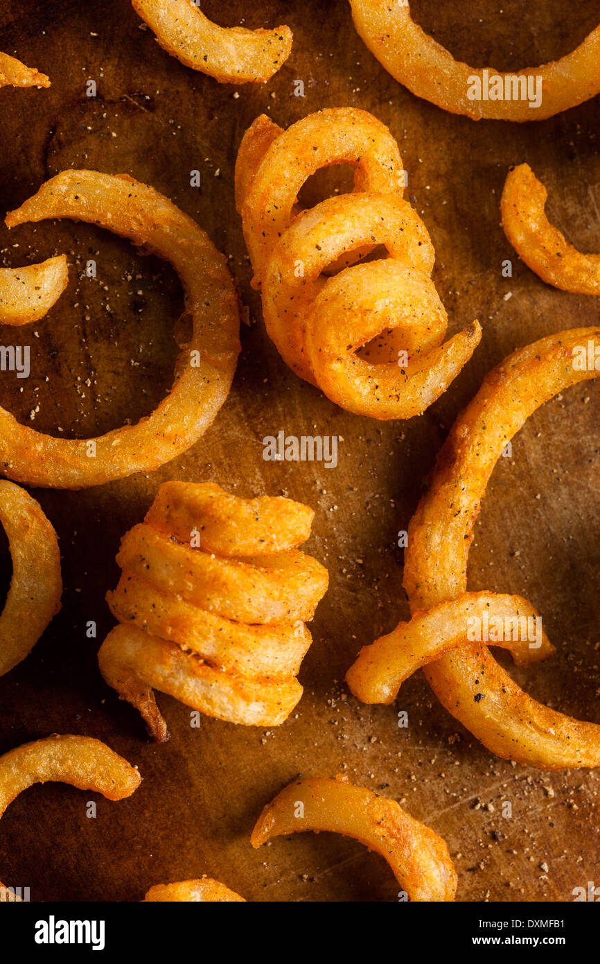Scharf gewürzte Curly Fries bereit, Essen Stockfoto