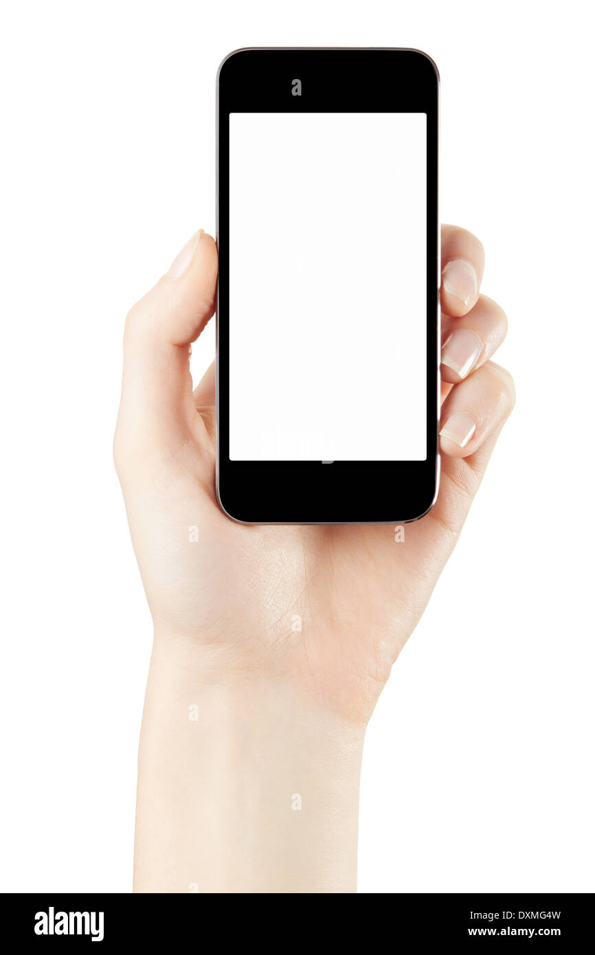 Frau Hand mit Smartphone mit leerer Bildschirm Stockfoto