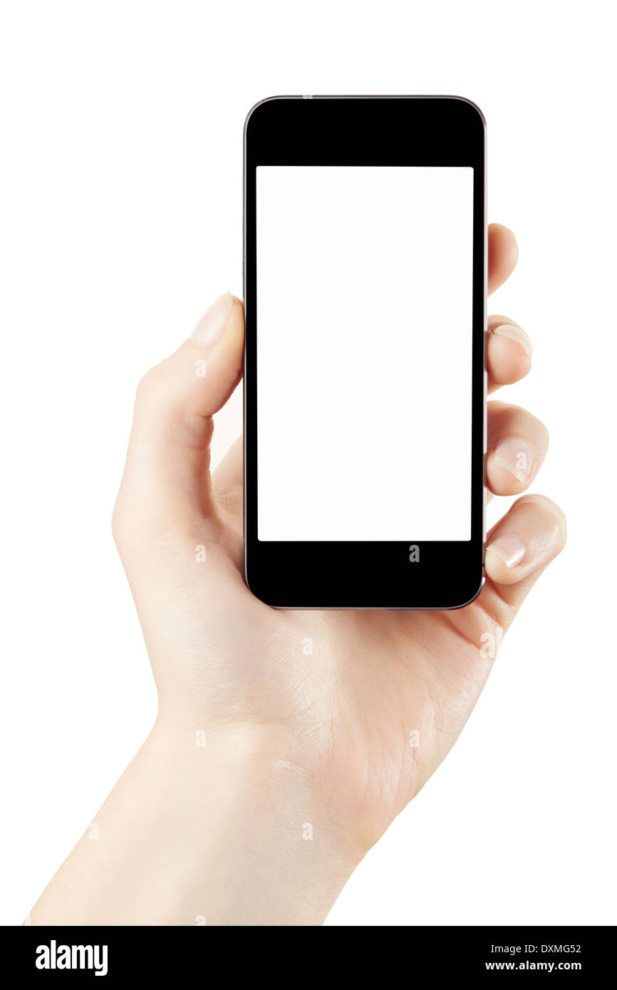 Frau Hand mit Smartphone mit unbelegten Schirm isoliert auf weiss, Clipping-Pfad enthalten Stockfoto