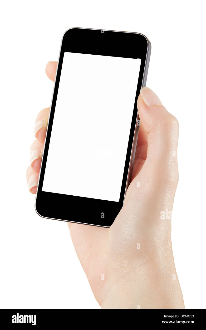 Frau Hand mit Smartphone mit leerer Bildschirm Stockfoto