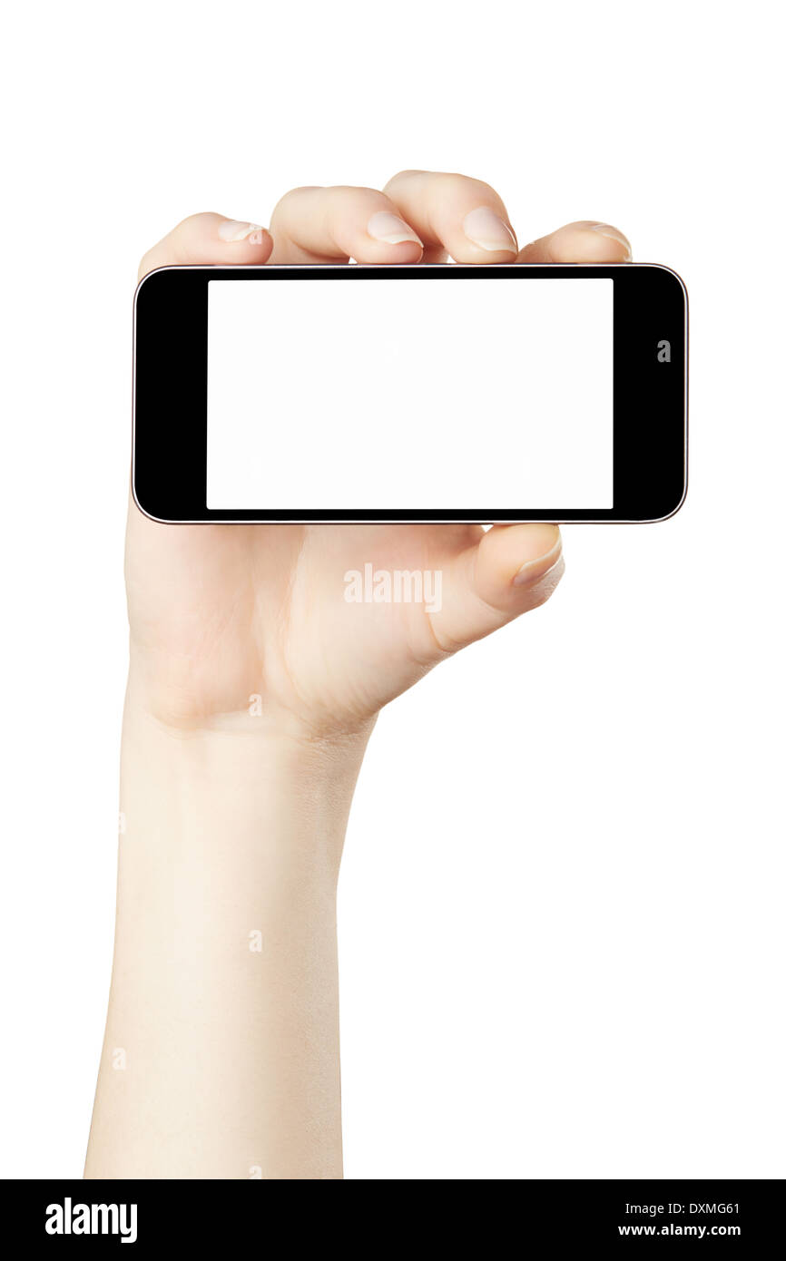 Frau Hand zeigt horizontale smartphone Stockfoto