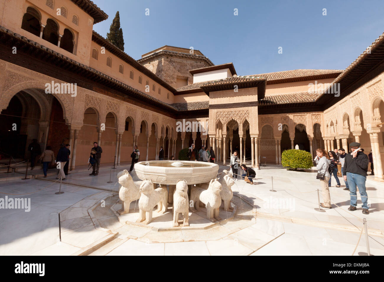 Touristen, die gerne an der Löwenbrunnen, Patio de Los Leones (Hof der Löwen), Nasridenpaläste, Alhambra Palast Granada Spanien Stockfoto