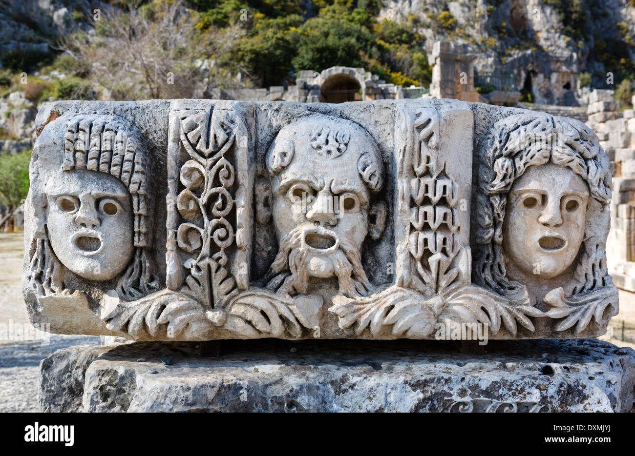 Schnitzereien in die antiken Ruinen von Myra, Demre, Provinz Antalya, Lykien, Türkei Stockfoto
