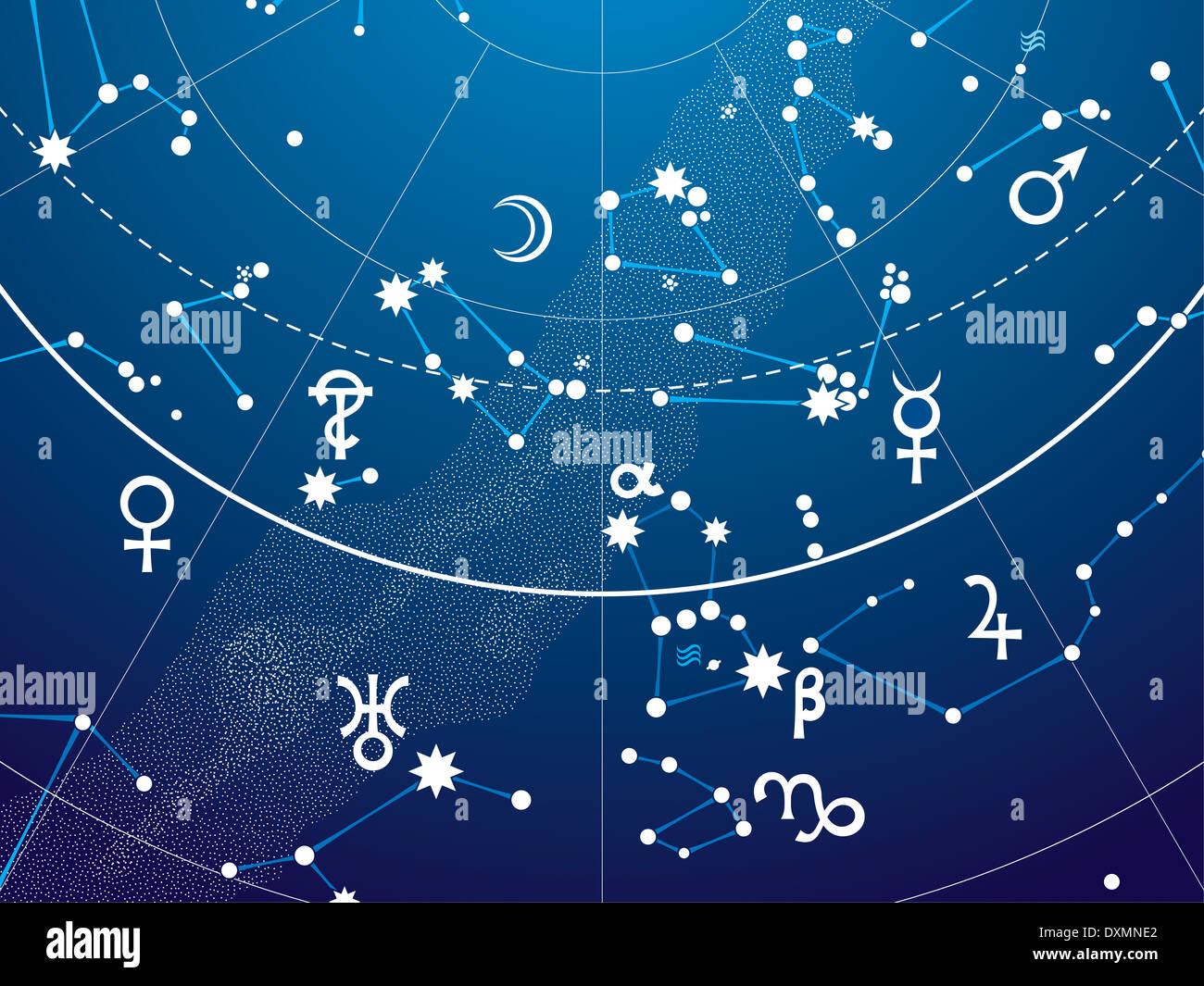 Fragment der astronomischen himmlischen Atlas der Nacht Sterne Himmel mit Planeten (Blueprint Version EPS-8) Stockfoto