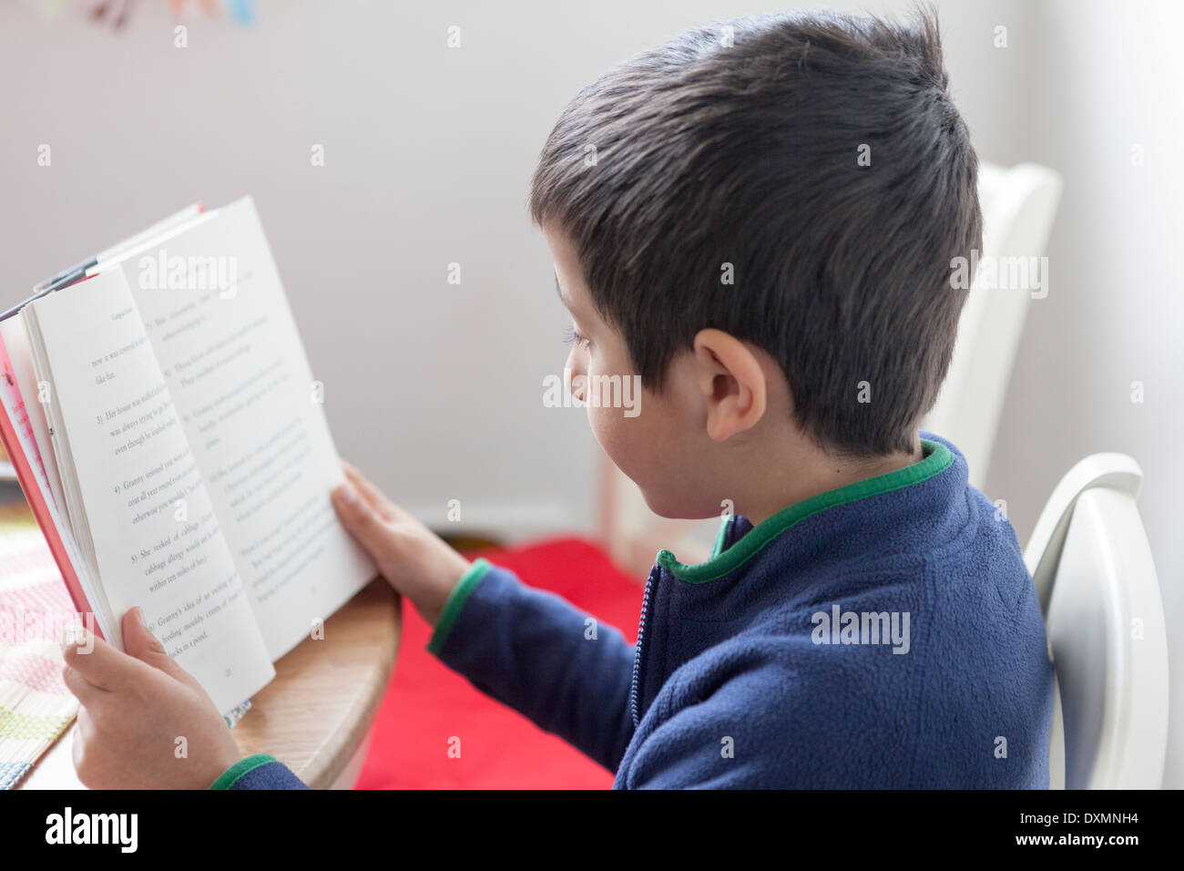 Kleiner Junge liest ein Buch Stockfoto