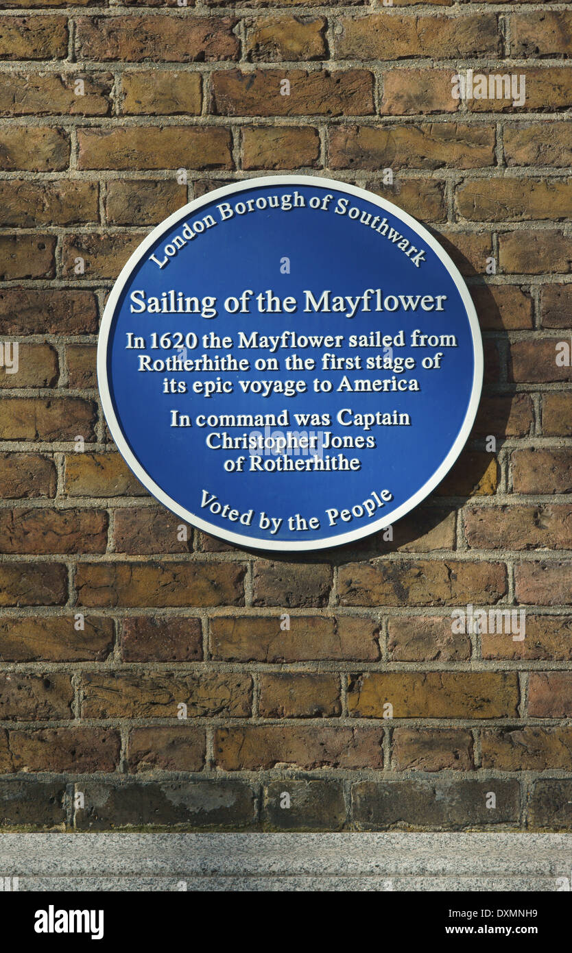 Gedenktafel an der Mayflower, Rotherhithe London Stockfoto