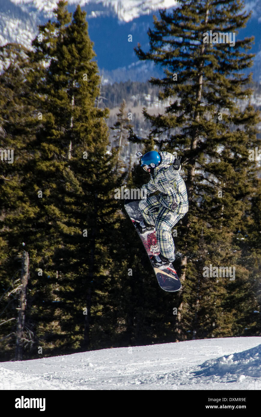 Snowboarder Pitchfork Gelände Garten Durango Mountain Resort Colorado USA Stockfoto