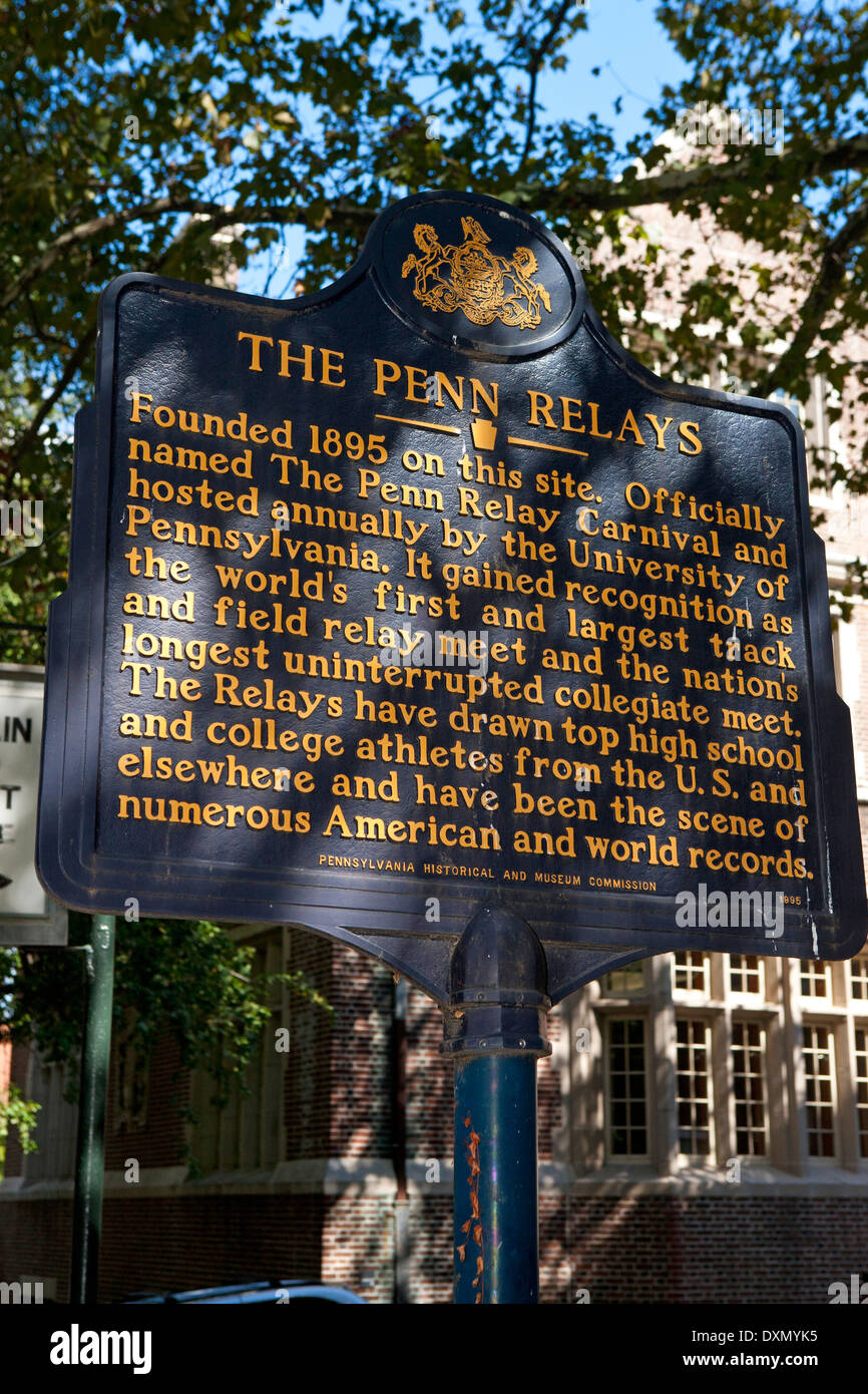 DIE PENN RELAYS gegründet 1895 auf dieser Seite. Offiziell benannt Penn Relais Karneval und veranstaltet jährlich von der University of Pennsylvania. Es gewann Anerkennung als weltweit erste und größte Leichtathletik Relais treffen und die Nation am längsten ununterbrochenen Stiftskirche treffen. Die Relais haben Top High School und College-Athleten aus den USA und anderswo und der Schauplatz zahlreicher amerikanischer und Weltrekorde wurden. Pennsylvania historisch und Museum Commission, 1995 Stockfoto