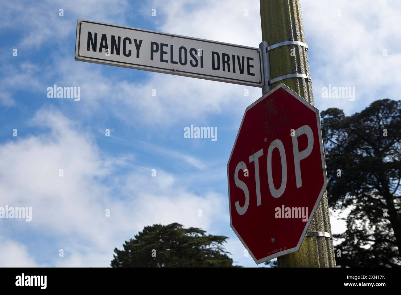 Straßenschild für Nancy Pelosi Laufwerk mit einem Stop-Schild, San Francisco, California, Vereinigte Staaten von Amerika Stockfoto