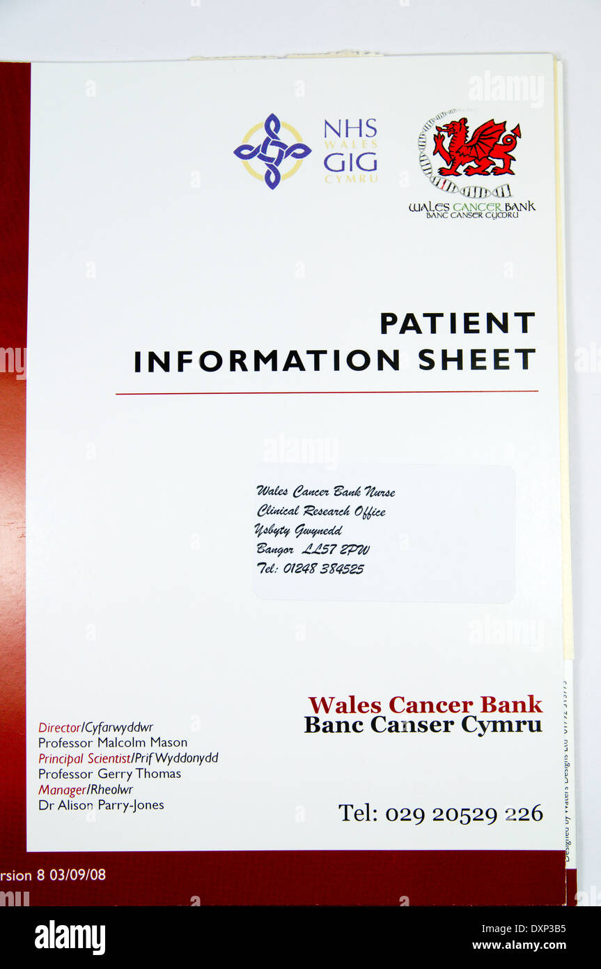Wales Krebs Bank Patienteninformationen Blatt. Stockfoto