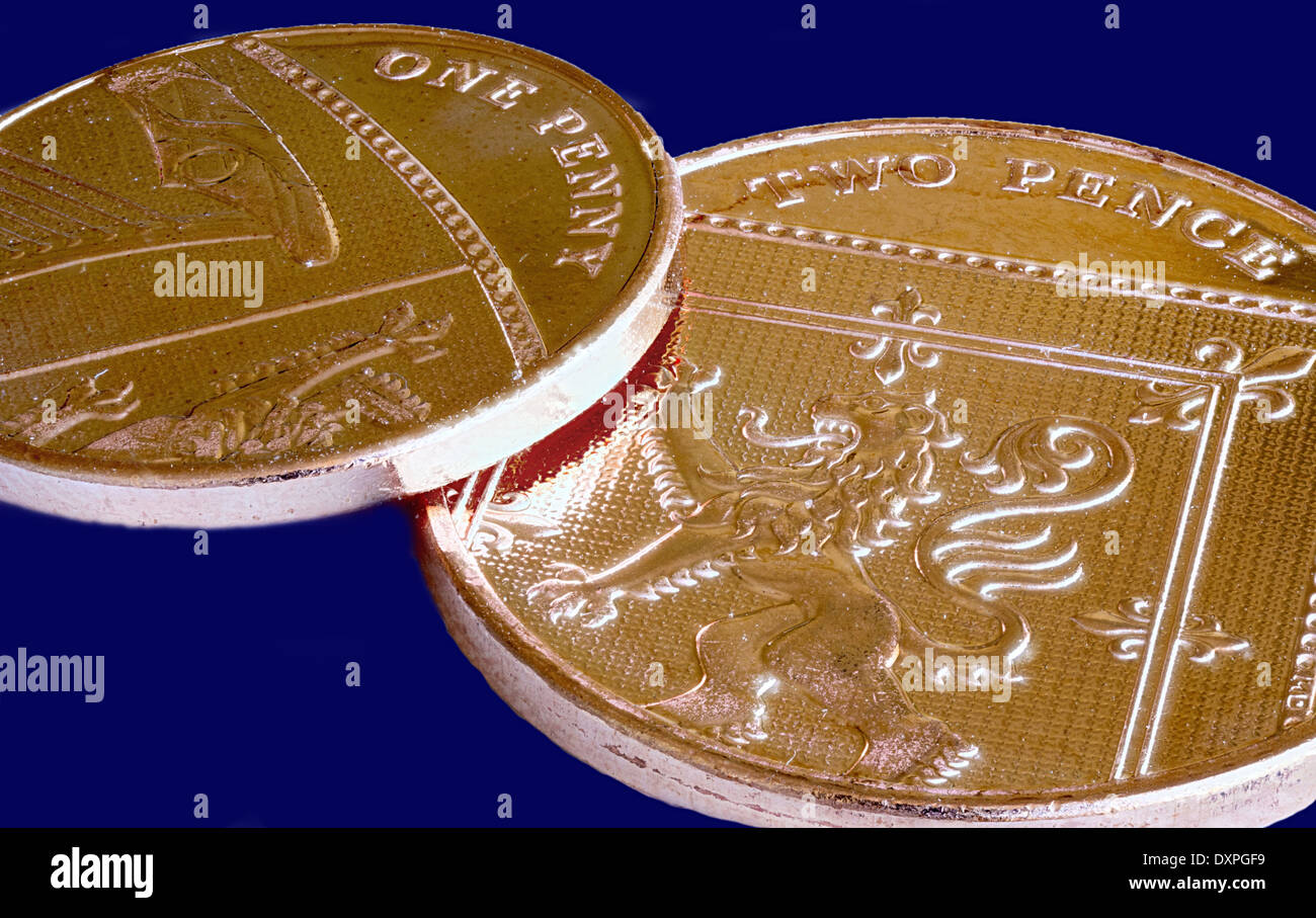 Ein bis zwei Pence Stück Kupfermünzen aus dem Vereinigten Königreich Stockfoto