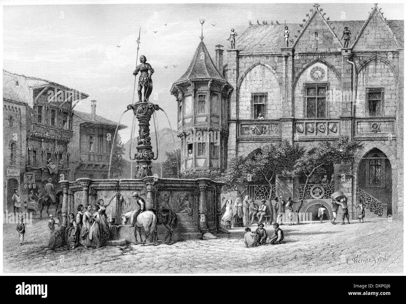 Eine Gravur mit dem Titel "The Fassadenfront, Hildesheim" gescannt mit hoher Auflösung aus einem Buch etwa 1878 veröffentlicht. Stockfoto
