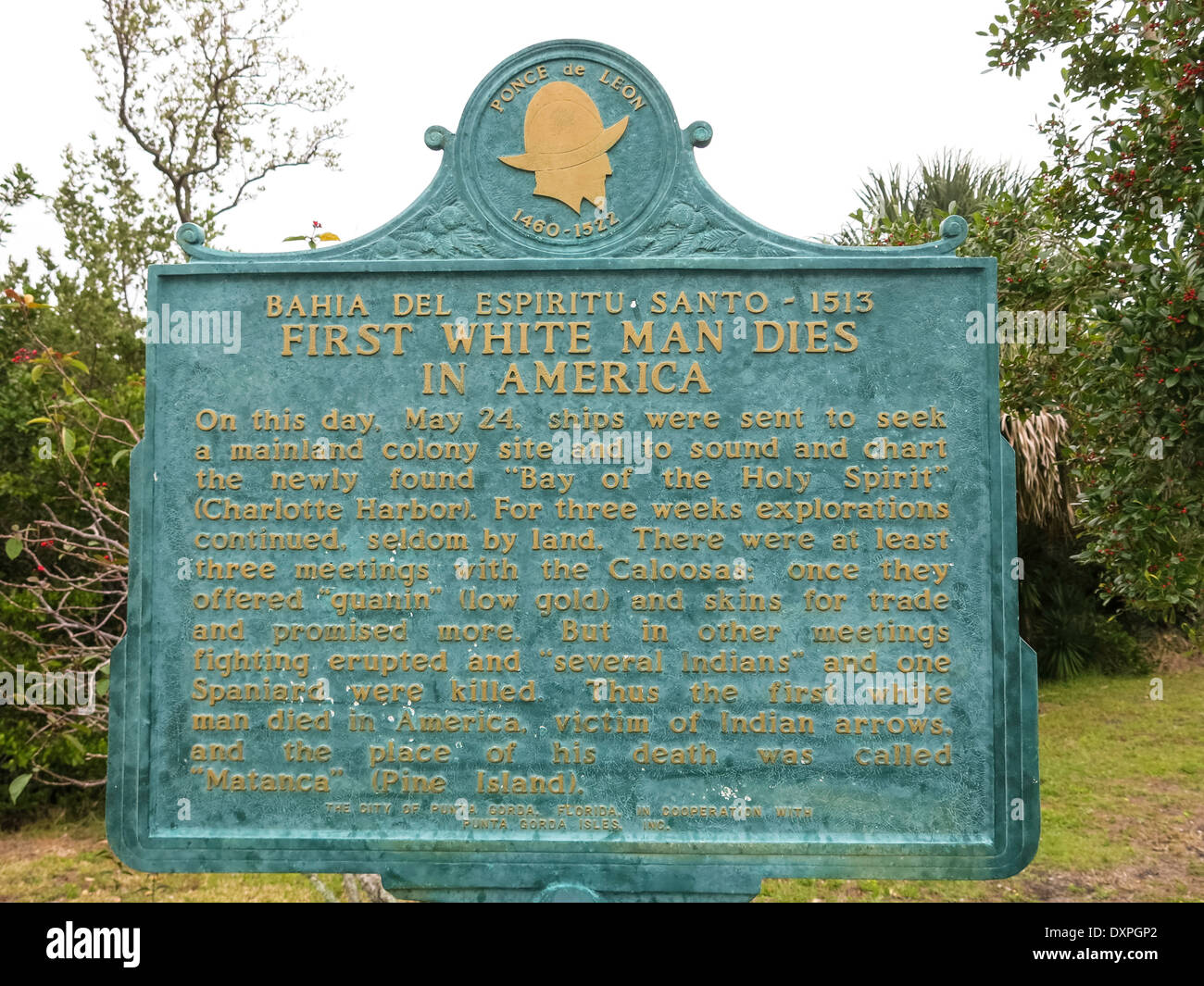 "Erste weiße Mann stirbt in Amerika" historischer Markt, Ponce de Leon Park, Punta Gorda, FL, USA Stockfoto