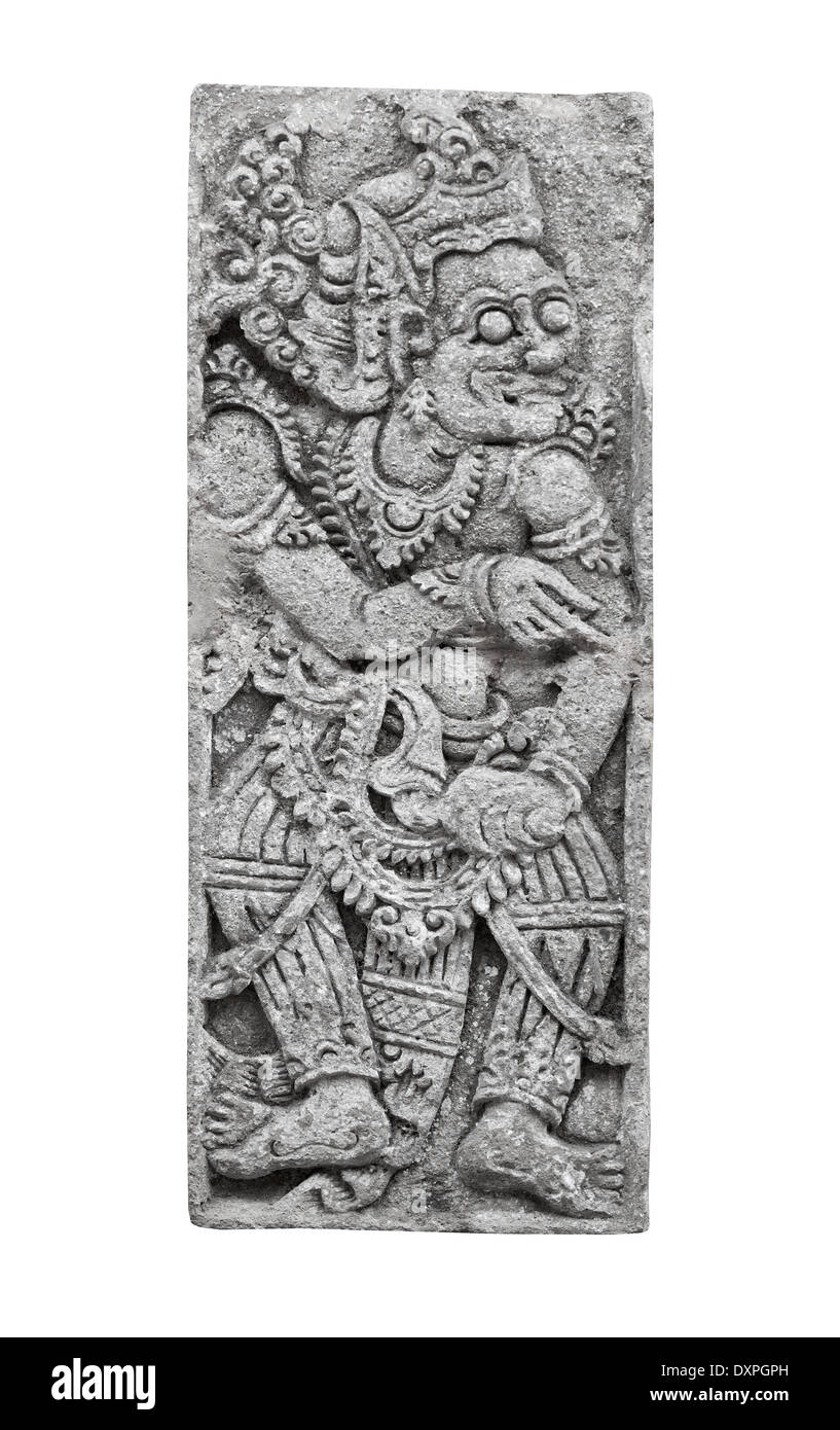 Stone Tablet mit dem Bild der Gottheit isoliert auf weißem Hintergrund. Indonesien, Bali Stockfoto