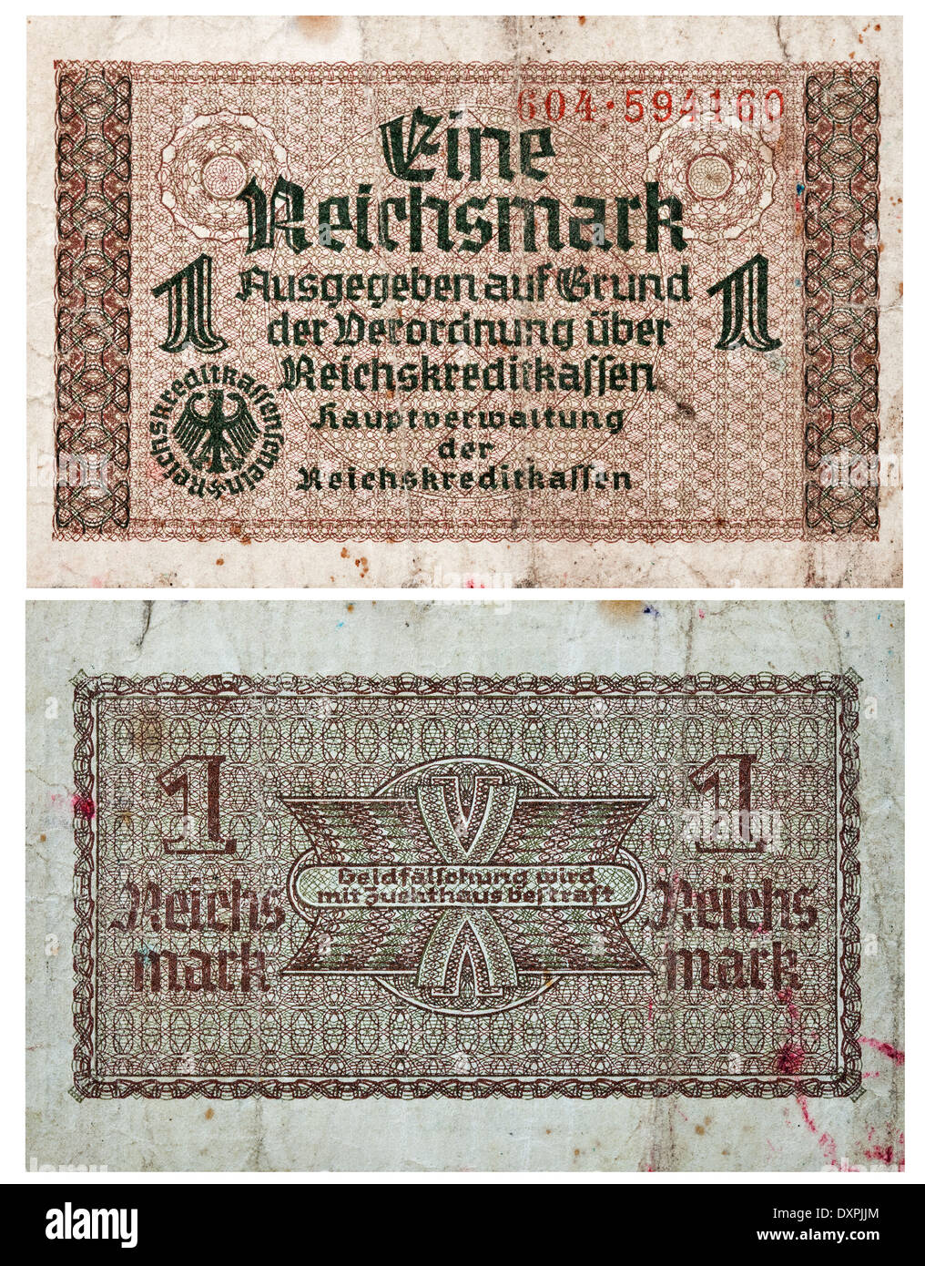 1 Reichsmark 1938-1945 Banknote Makro gegen weiß. Banknoten für den Umlauf in den besetzten Gebieten Stockfoto