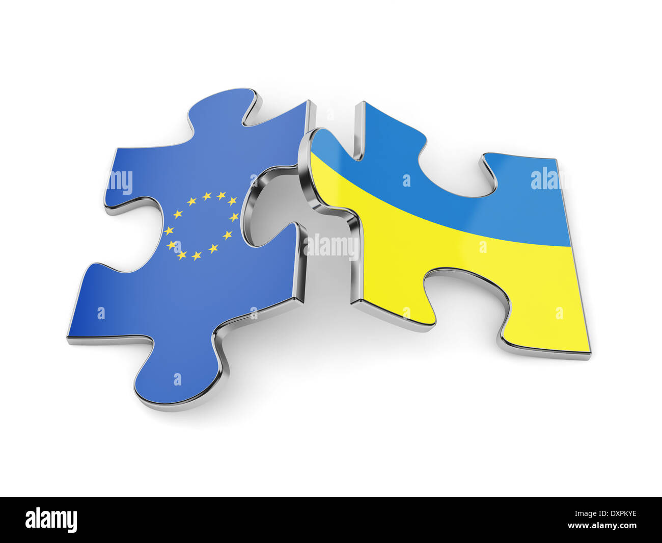 3D Rendering der Ukraine und Europa Flaggen Puzzle. EU-Konzept Stockfoto