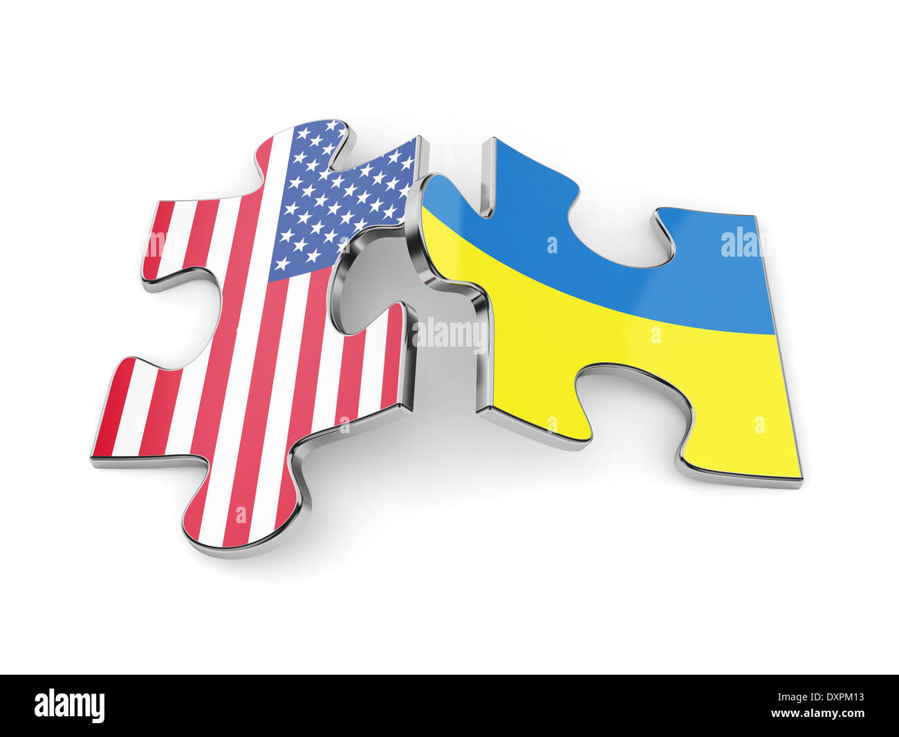3D Rendering der Ukraine und den USA Flaggen Puzzle. EU-Konzept Stockfoto