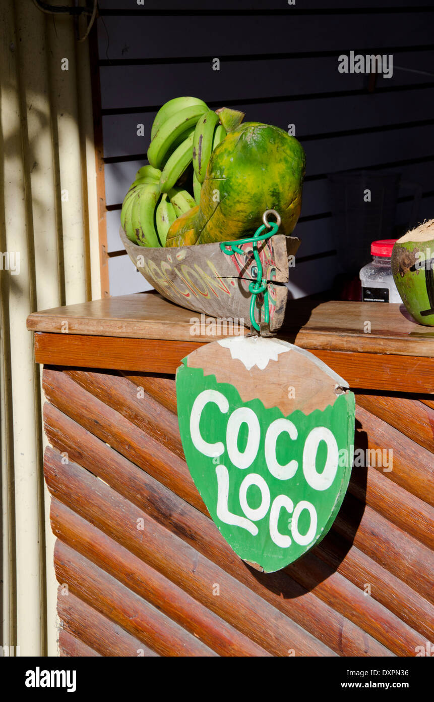 Guatemala, Abteilung von Izabal, Livingston. Die Hafenstadt liegt an der Mündung des Rio Dulce am Golf von Honduras. Coco Loco. Stockfoto