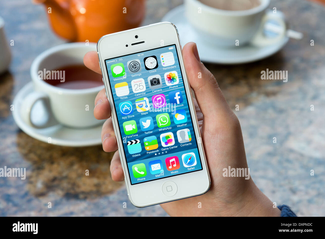 iOS 7 Startbildschirm des weißen Apple iPhone 5 in einem café Stockfoto