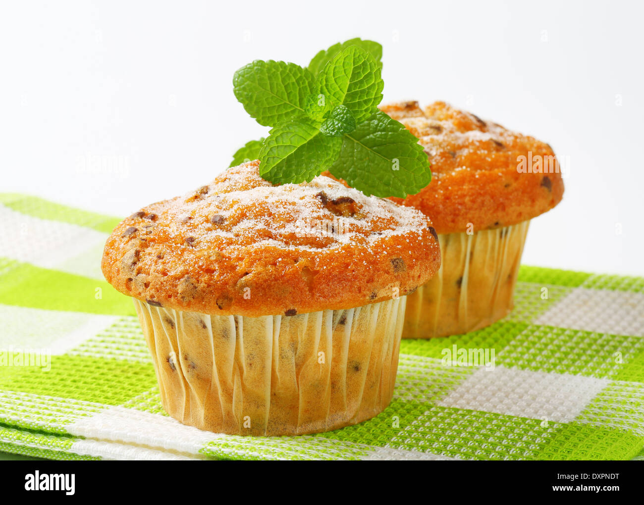 Studioaufnahme von zwei chocolate Chip muffins Stockfoto