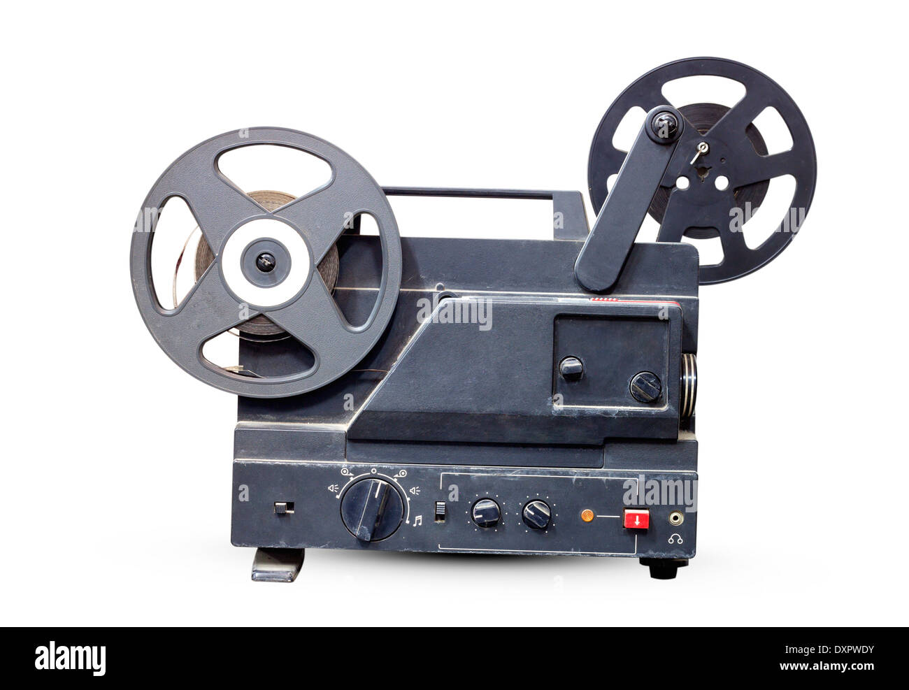 Alte Film Projektor alte schwarze isoliert auf weißem Hintergrund. Stockfoto