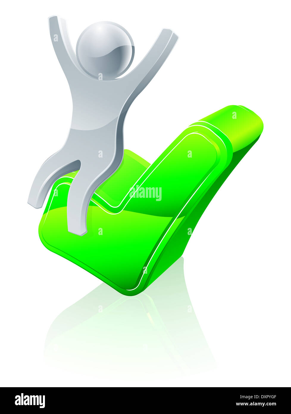 Eine konzeptionelle Darstellung der ein glücklicher Mensch sitzt auf einem grünen Häkchen Stockfoto